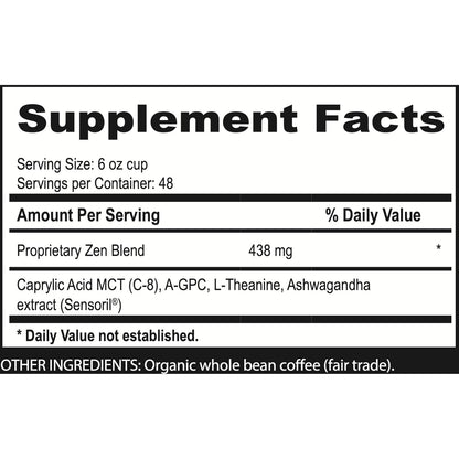 Brain Bean Zen-Blend Organic Coffee Whole Bean with Caprylic Acid MCT (C-8), A-GPC, L-Theanine & Ashwagandha Extract - Premium Grade Organic Coffee Beans for Focus & Calm Support (16 Oz)