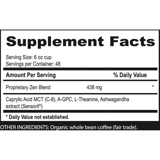 Brain Bean Zen-Blend Organic Coffee Whole Bean with Caprylic Acid MCT (C-8), A-GPC, L-Theanine & Ashwagandha Extract - Premium Grade Organic Coffee Beans for Focus & Calm Support (16 Oz)