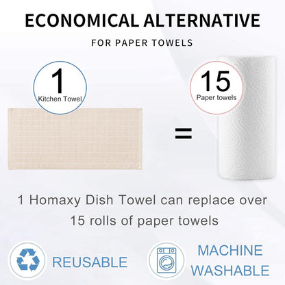 Homaxy 100% Cotton Terry Kitchen Towels(Beige, 13 x 28 inches), Checkered Designed, Soft and Super Absorbent Dish Towels, 4 Pack