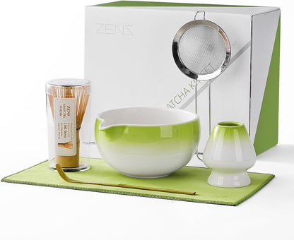 ZENS Matcha Whisk Set, 15oz Matcha Bowl with Spout, 6pcs Matcha Tea Set with Bamboo Whisk & Scoop, Holder (Chasen), Matcha Sifter, Tea Towel for Matcha Ceremony, Green