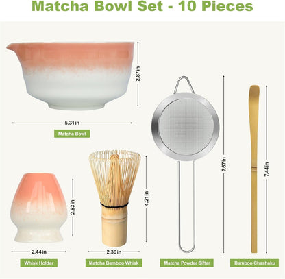 Pink Matcha Whisk Making Set - Japanese Tea Kit with Whisk Bowl and Bamboo Scoop Ceramic Chawan with Spout for Traditional Tea Ceremony Complete Matcha Making Tools Gift for Tea Lovers (Pink, 5 PCS)