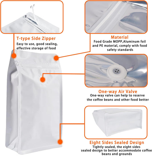 Coffee Bags with Valve (50 PCS,32oz/2lb) White High Barrier Aluminum Foil Flat Bottom Standing Coffee Beans Storage Packaging Bags, Reusable Heat Seal Side Zipper Pouches for Small Business and Home