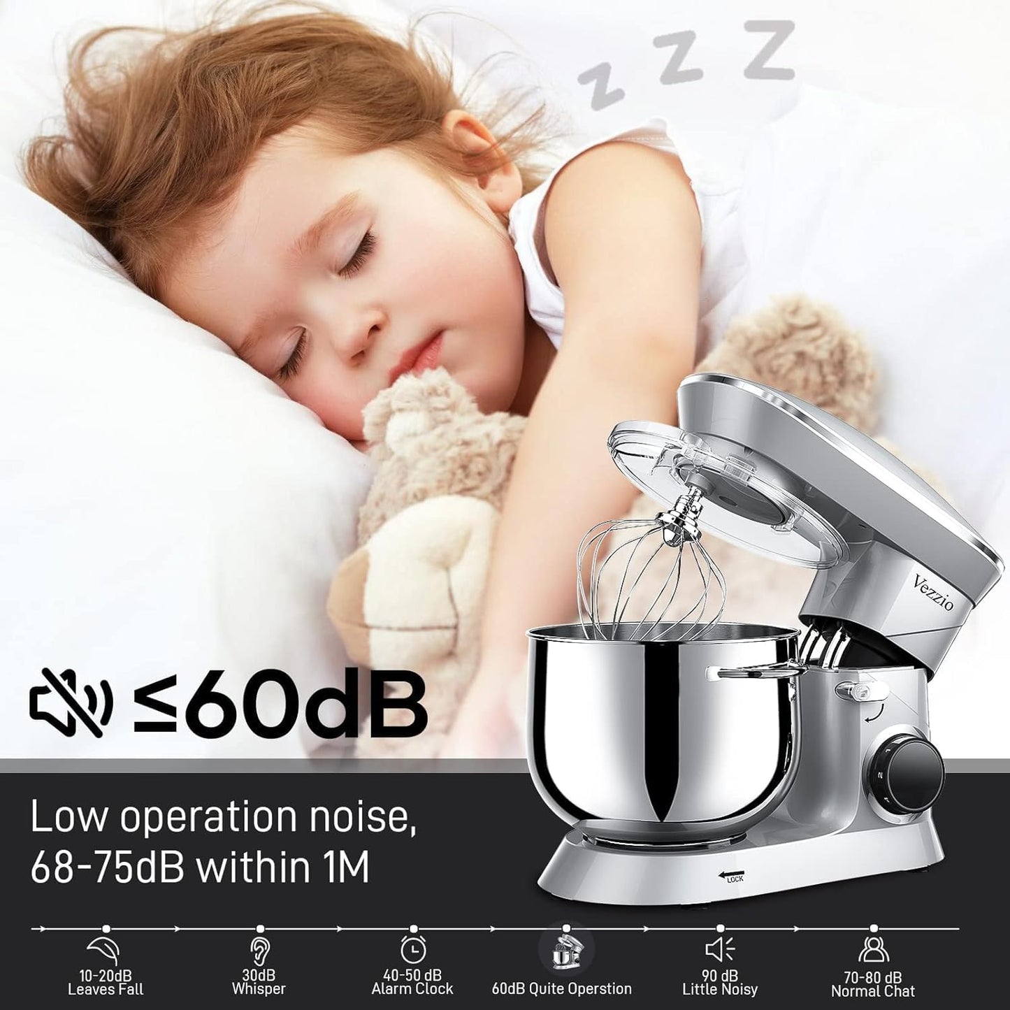 9.5 Qt Stand Mixer, 10-Speed Tilt-Head Food Mixer, Vezzio 660W Kitchen Electric Mixer with Stainless Steel Bowl, Dishwasher-Safe Attachments for Most Home Cooks(Silver)