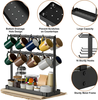 Coffee Mug Holder for Countertop, Cup Holder Rack with Slidable 16 Hooks, Large Mug Holder with Storage Base for Coffee Bar, Kitchen, Dining Room - Black