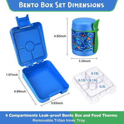 Bento Lunch Box Set With 10oz Soup Thermo, Leak-proof Lunch Containers with 4 Compartment, Kids Hot Thermo Food Jar/Insulation Lunch Bag, Food Containers for School（Shark）