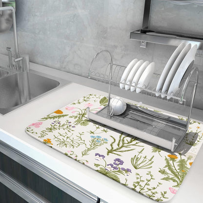 Wild Flowers Plant Dish Drying Mats for Kitchen Counter 16x18 Inch,Sage Herbs Kitchen Drying Mat,Botanical Plant Dishes Pad Dish Drainer Rack Mats Absorbent Fast Dry Kitchen Accessories