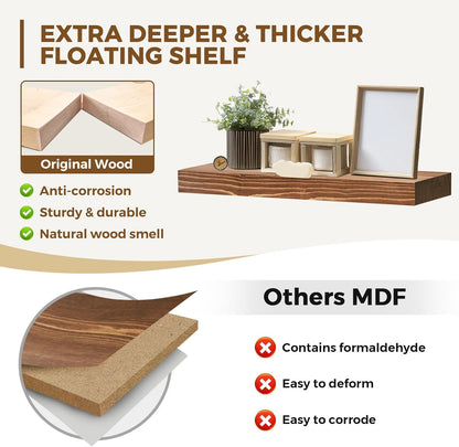 24x8x1.6 inch Floating Shelves Set of 2 – Solid Wood Rustic Brown Wall Mounted Shelf for Kitchen, Bathroom, Living Room