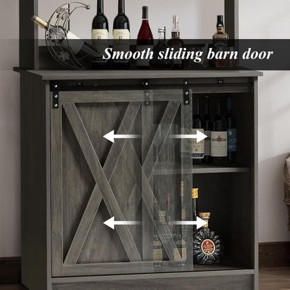 4ever2buy Farmhouse Coffee Bar Cabinet with 6 Hooks, 50'' Kitchen Buffet Hutch Cabinet with Sliding Barn Door, Small Coffee Bar Table with Hutch for Dining Living Room, Wash Gray