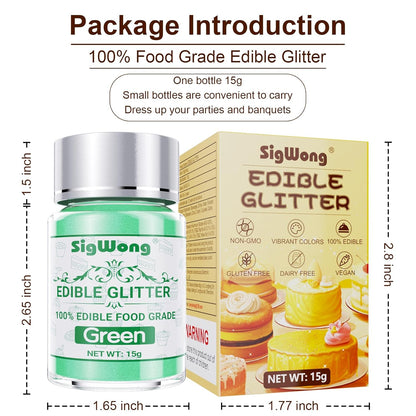 Green Edible Glitter - 15g Food Grade Luster Dust Powder, Cake Decorating Sprinkle Glimmery Dust for Drinks, Wine, Fondant, Chocolate, Candy, Cookie, Vegan