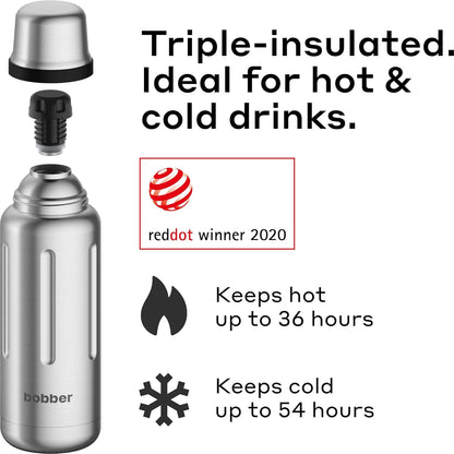 BOBBER 26 oz Stainless Steel Travel Thermos for Hot Drinks – Dishwasher Safe Metal Water Bottle with Cup Lid for Men, Hiking, Travel – Keeps Hot for 36 Hours – BPA-Free, Vacuum Insulated (Matte)
