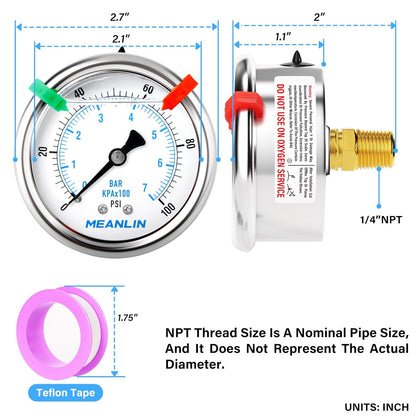 MEANLIN MEASURE 0~100Psi Liquid Filled Pressure Gauge 1/4" NPT 2.5" FACE DIAL Stainless Steel Glycerin Filled WOG Water Oil Air Back Mount (with 2PCS Snaps)