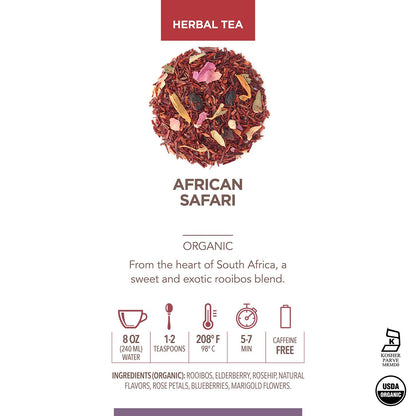 Teabloom Organic Herbal Tea, African Safari Loose Leaf Tea, Sweet Rooibos Blend with Berry Flavors and Vanilla, USDA Certified Organic, Fresh Whole Leaf Blend in Reusable Gift Canister, 3.53 oz/100 g Canister Makes 35-50 Cups