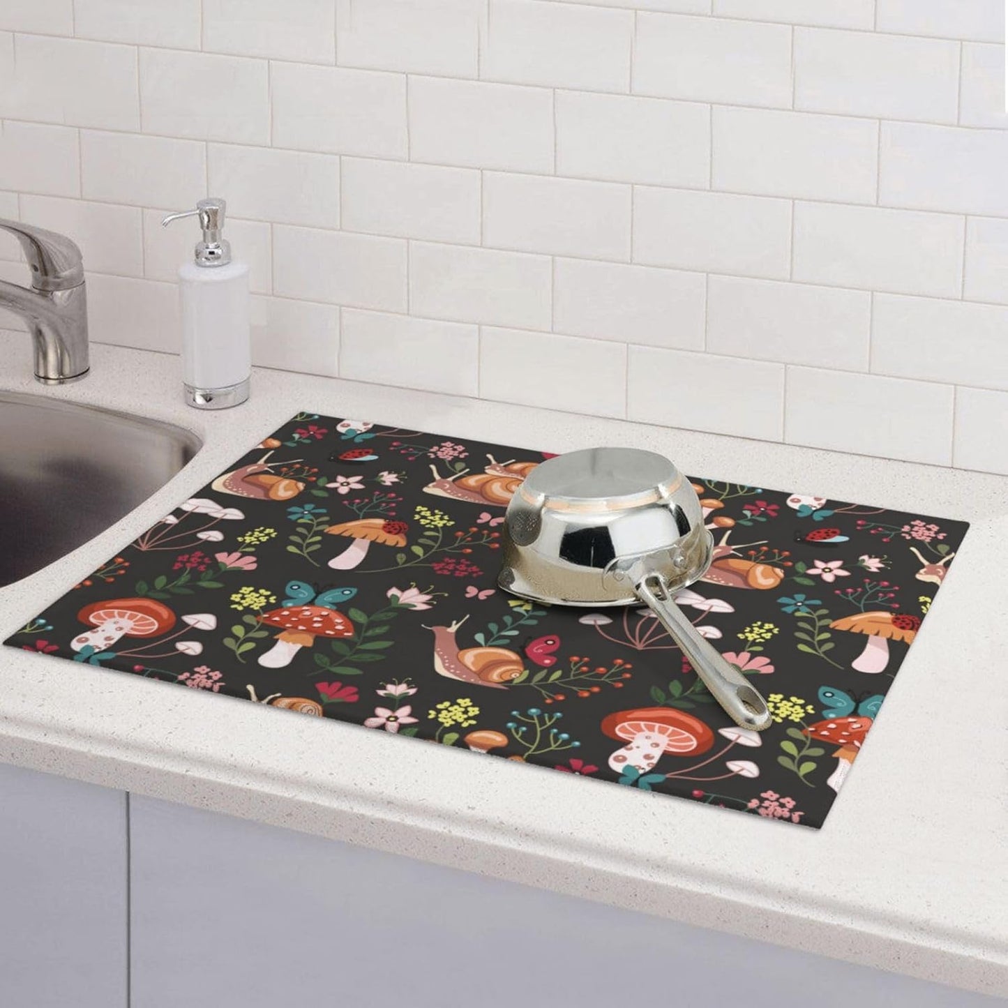 Mushroom Snails Dish Drying Mat for Kitchen Counter 18x24 Inch, Spring Floral Kitchen Drying Mat,Cute Mushrooms Decor Dishes Pad Dish Drainer Rack Mats Absorbent Fast Dry Kitchen Accessories