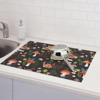 Mushroom Snails Dish Drying Mat for Kitchen Counter 18x24 Inch, Spring Floral Kitchen Drying Mat,Cute Mushrooms Decor Dishes Pad Dish Drainer Rack Mats Absorbent Fast Dry Kitchen Accessories