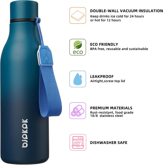 BJPKPK Insulated Water Bottles, 18 oz Stainless Steel Metal Water Bottle with Strap, BPA Free Leak Proof Thermos, Mugs, Flasks, Reusable Water Bottle for Sports & Travel, Sea