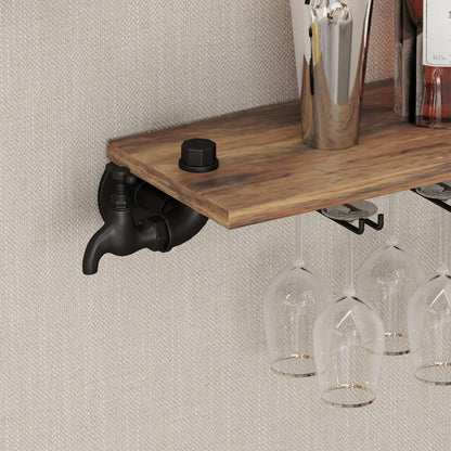 Wall Bar Shelves Industrial Pipe Shelving with 4 Stem Glass Holder, 4-Tiers Rustic Floating Wine Rack Wall Mounted Bar liquor Shelf, 42 in Hanging Wood Shelves Glass Rack, Living Room Kitchen Decor