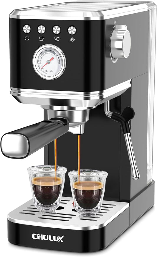 CHULUX Slim Espresso Machine with Milk Frother Steam Wand, 20 Bar Professional Italian Pump Semi Automatic Espresso Coffee Machine for Home Cappuccino & Latte Maker, Black