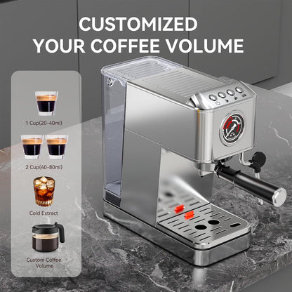 EM623 Espresso Machine 20 Bar with Steam Milk Frother, Stainless Steel Coffee Machine with Removable Water Tank for Cappuccino,Latte, Compact Stainless Steel Coffee maker for home,Great Gift
