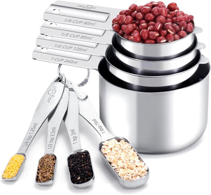 Joyhill Measuring Cups and Spoons Set of 8 Piece, Metal Stainless Steel Measuring Cups and Spoons Set for Baking Cooking, Dry and Liquid Ingredients