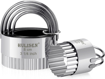 HULISEN Biscuit Cutter Set (5 Pieces/Set), Stainless Steel Round Biscuit Cutters with Handle, Wave Cookies Cutter with Fluted Edge, Professional Baking Dough Tools, Gift Package (Wave)