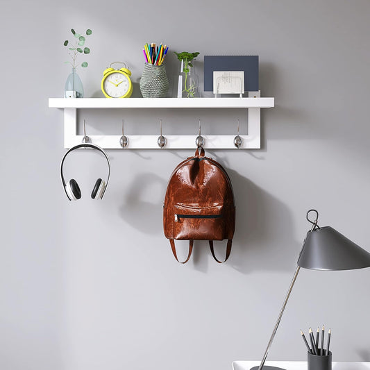 SMIBUY Coat Hooks with Shelf Wall-Mounted, 29.2 Inch Entryway Coat Rack for Wall, Bamboo Hanging Shelf with 5 Double Metal Hooks for Bathroom, Bedroom, Kitchen, Living Room, Mudroom (White)