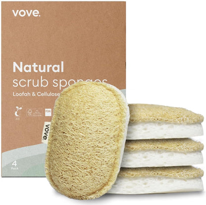 Vove Scrub Sponges 4 Pack, Cellulose & Cotton with Natural Loofah, Eco-Friendly Loofah Dish & Kitchen Sponges, Bathroom Scrubbing Pads, FSC-Certified Packaging