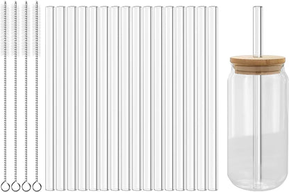 Lazycorner Reusable Glass Straws Set 16 Pcs 8.5''x 10MM Straight Clear Glass Drinking Straws, Set of 16 with 4 Cleaning Brushes. Reusable Straws Perfect For Smoothies, Tea, Juice-Clear Cocktail.