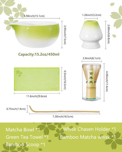 ZENS Matcha Whisk Set, 15oz Hand-Glazed Matcha Bowl with Spout and Bamboo Whisk, Whisk Holder (Chasen), Scoop & Tea Towel, 5pcs Matcha Tea Set Gift for Matcha Ceremony, Green