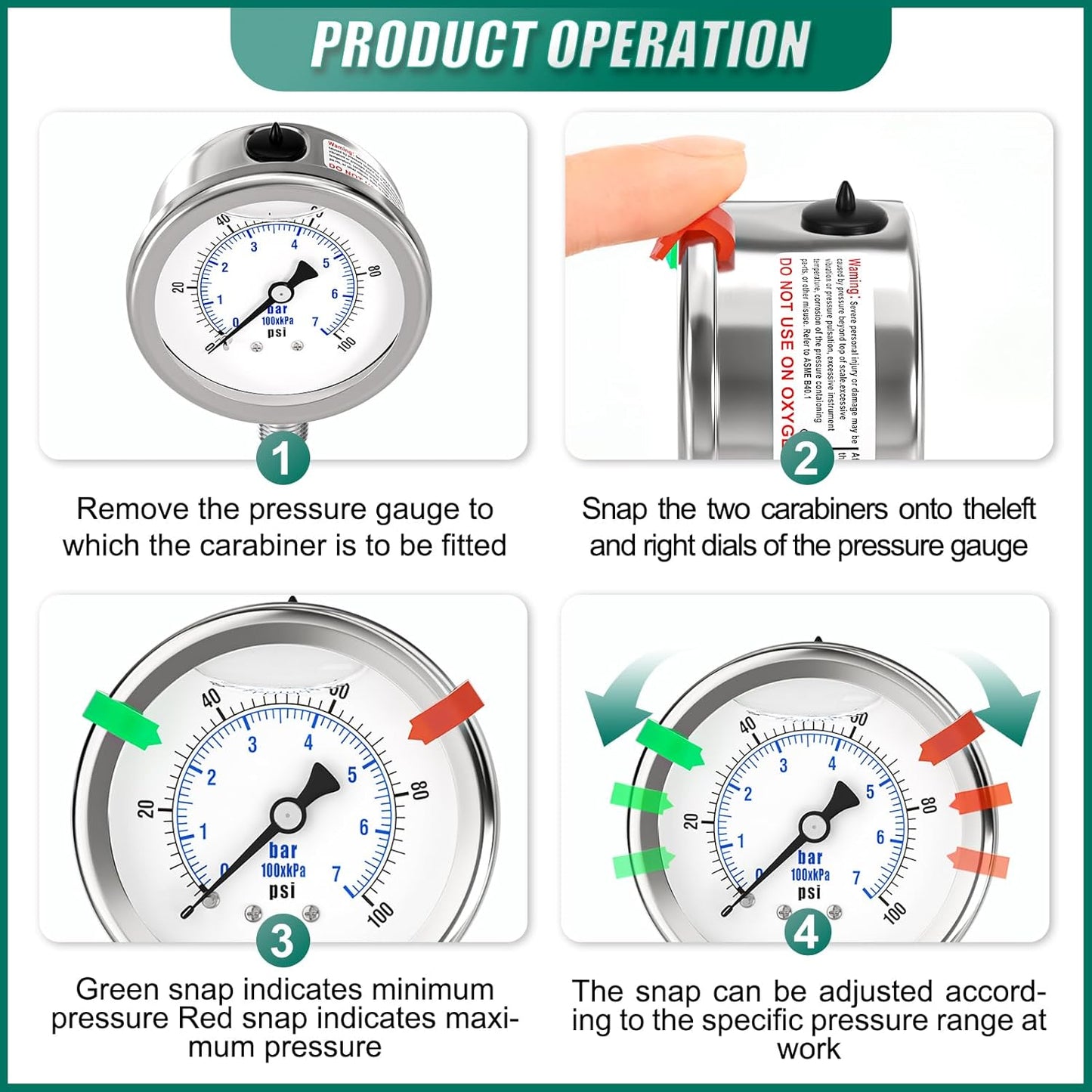 0-100PSI Stainless Steel Liquid Filled Pressure Gauge, 2.5" Dial Size, 1/4" NPT 316 Stainless Steel Joint, Lower Mount, for Tube, Water Pump, Gas, Liquid (with Range Mark Pointer)