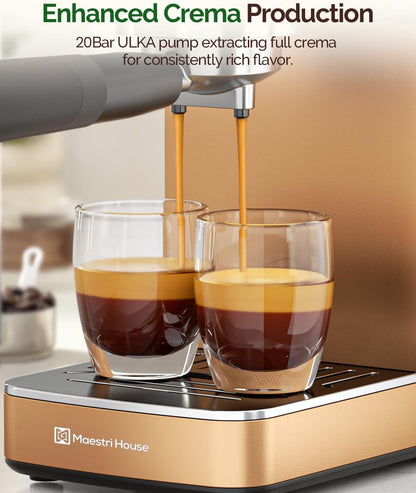 Maestri House 20 Bar ULKA Pump Espresso Machine, Compact Espresso Maker Built-in Flow Meter Steam Milk Frother, Stainless Steel Coffee Machine for Cappuccino, Latte, Rose Golden