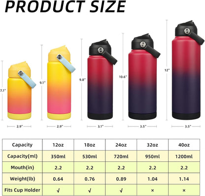 BJPKPK Insulated Water Bottle with Straw Lid, 12oz Thermos Water Bottles with Soft Nozzle, Flex Handle & Non-slip Boot, BPA Free Leak Proof Stainless Steel Metal Thermos, Tumblers, Cups,Rainbow