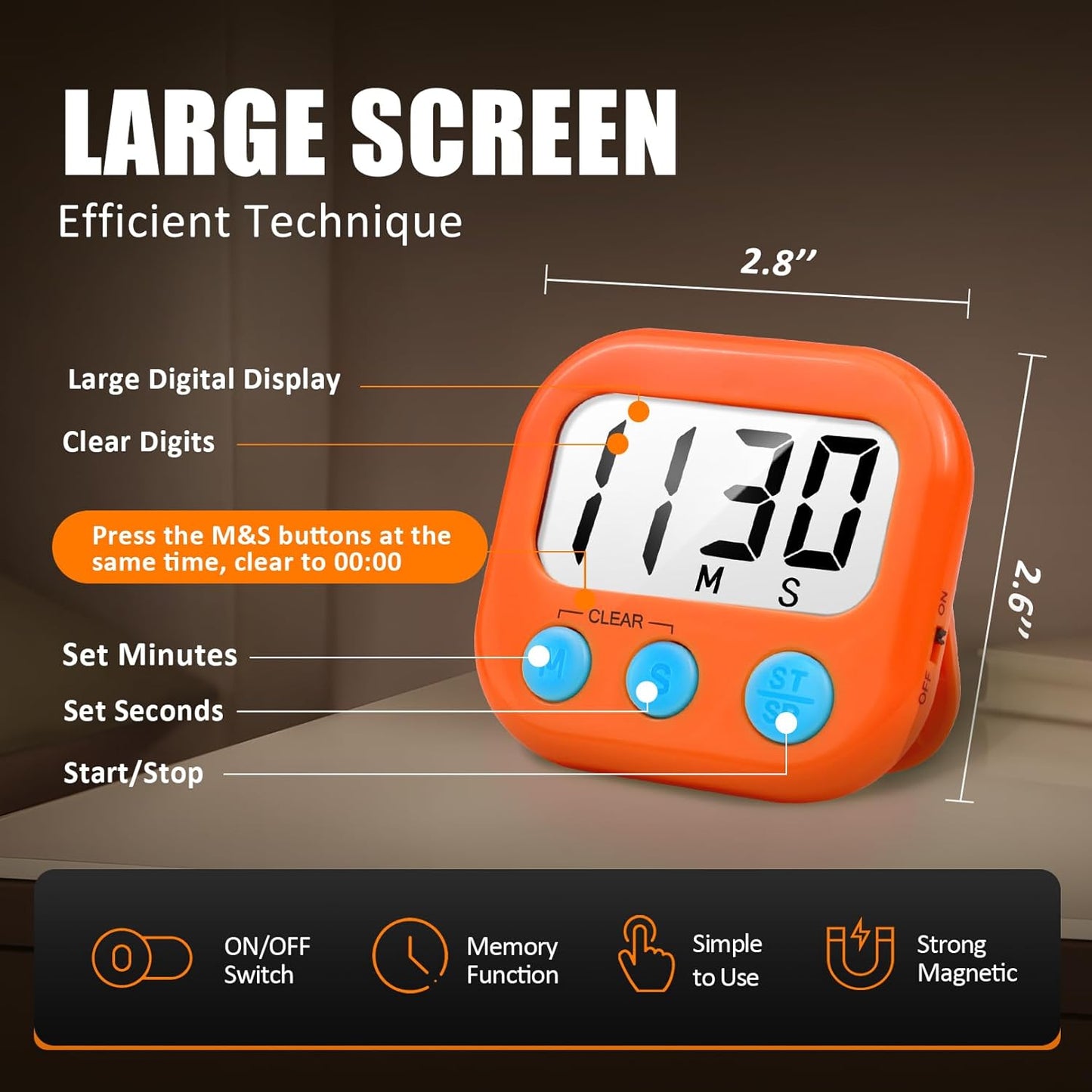 2 Pack Digital Kitchen Timer for Cooking Big Digits Loud Alarm Magnetic Backing Stand Cooking Timers for Baking Orange