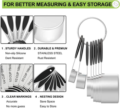 Measuring Cups and Spoons - Wildone Stainless Steel 20 Piece Stackable Set, Includes 8 Black Measuring Cups, 10 Measuring Spoons, 1 Leveler & 1 Whisk, for Dry and Liquid Ingredient