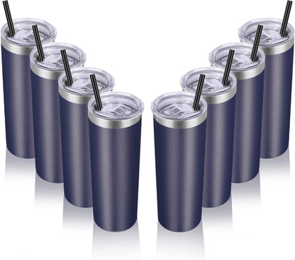 VEGOND Stainless Steel Tumblers Bulk 8 Pack, 20 oz Vacuum Insulated Skinny Tumblers with Lid and Straw, Double Wall Coffee Mug, Travel Water Cup, Navy Blue