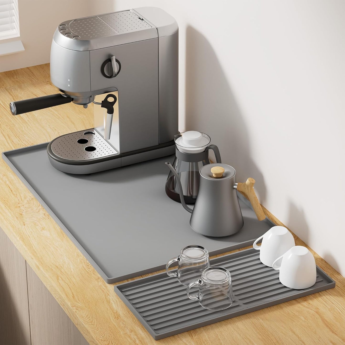 Golener Silicone Coffee Mat Set - 24" x 16" Coffee Bar Mat for Countertop, Kitchen Station Pad Accessories Fit Under Coffee Maker or Machine, Dish Drying Mat, Heat Resistant Kitchen Gadget, Grey