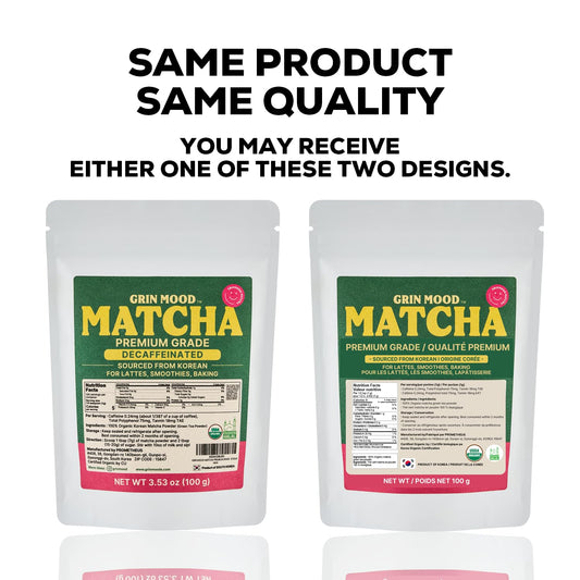 GRIN MOOD Matcha Powder Organic Green Tea Powder - Decaffeinated Green Tea, Authentic Korean Matcha, Halal (3.53oz, Premium Grade)