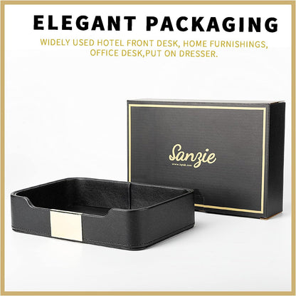 SANZIE Luxury Leather Tray Desktop Storage Catchall Organizer Decorative Tray for Entryway Table to Hold Jewelry Watch Keys Phone Wallet (Metal Glided, Black)