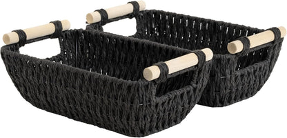 StorageWorks Black Wicker Storage Basket for Organizing with Wooden Handles, Small Woven Basket for Bathroom, Toilet Paper, 2-Pack