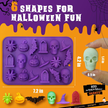 Halloween Molds Silicone for Chocolate 4 Pack, 3D Halloween Chocolate Candy Gummy Mold Skull Pumpkin Bat Ghost Witch Hat Spider tombstone Shapes Mold