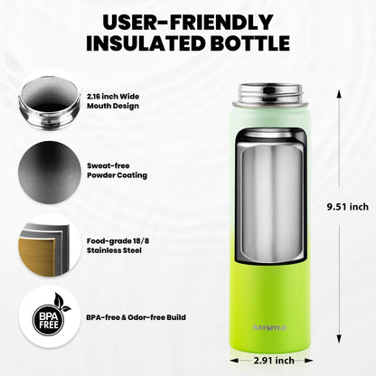 Insulated Water Bottle 20 oz, Triple Wall Vacuum Stainless Steel (Cold for 48 Hrs), Leak Proof & Non-BPA, Kids Water Bottle Jug for School with Straw Spout Lids, Ombre Green