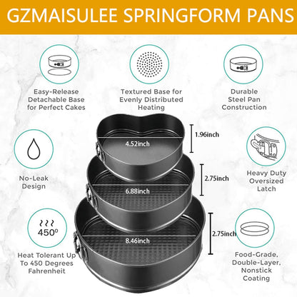 Springform Cake Pan Set of 3 (4, 7, 9 Inch) Heart Leakproof Nonstick Cheesecake Pans with Removable Bottom Carbon Steel Bakeware