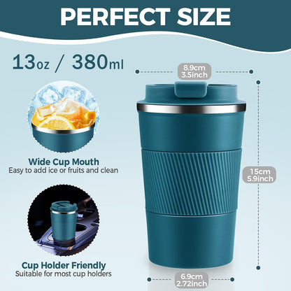 Volhoply 13 oz Stainless Steel Insulated Travel Coffee Mug with Fip Lid Bulk 8 Pack,Reusable Double Wall Vacuum Metal Coffee Cup,Portable Leak Proof Thermal Tumbler for Hot & Cold Drinks(Bule,8)
