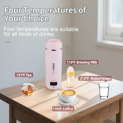 Travel Kettle Portable Electric Kettle with Plug-in Boiling & Keeps Warm via USB, Portable Water Boiler with 4 Temperature Settings, 304 Stainless Steel with Auto Shut-off 16oz(Pink)