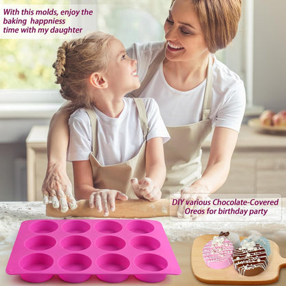 Sakolla 3 Pcs Round Chocolate Cookie Molds, 12-Cavity Cylinder Silicone Molds, Perfect for Chocolate Covered Cookie, Cake, Candy, Pudding, Mini Soap (2 Rose Red & 1 Blue)