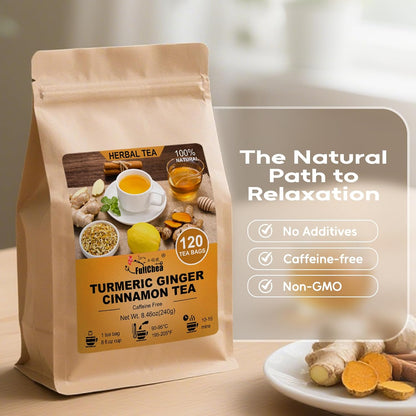 FullChea - Turmeric Ginger Cinnamon Tea Bags, 120 Teabags, 2g/bag - Premium Turmeric, Ginger, Cinnamon - Non-GMO - Caffeine-free - Aid Digestion & Boost Immunity