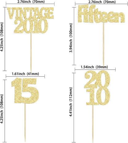 Gyufise 24Pcs Sweet 15 Cupcake Toppers Glitter Fifteen Vintage 2010 15th Birthday Cupcake Picks Hello 15 Years Birthday Cake Decorations for Happy 15th Anniversary Party Supplies Gold
