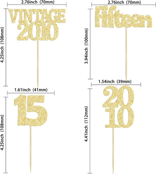 Gyufise 24Pcs Sweet 15 Cupcake Toppers Glitter Fifteen Vintage 2010 15th Birthday Cupcake Picks Hello 15 Years Birthday Cake Decorations for Happy 15th Anniversary Party Supplies Gold