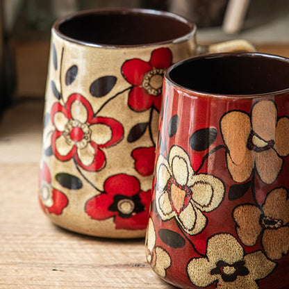 Large 24 oz Ceramic Coffee Mug with Large Handle, Vintage Floral Coffee Cup, Extra Big Tea Cup for Office and Home, Dishwasher and Microwave Safe, Red