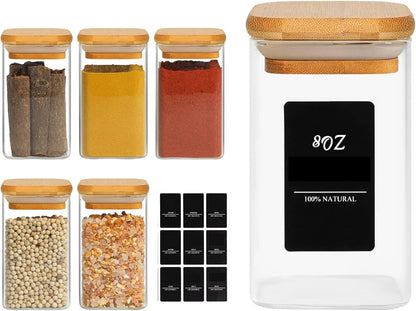 ComSaf 6Pcs 8oz Spice Jars with Label Trial Set, Glass Spice Jars with Bamboo Lids Supplementary Set, Seasoning Container Trial Pack, Perfect for Ktichen Starter