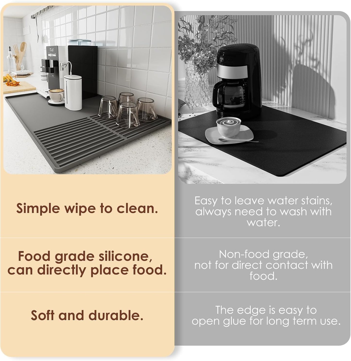 Silicone Coffee Mat with Raised Edges, 24'' x 16'' Bar Mat for Countertops, Fits Under Coffee Maker, Espresso Machine, Dish Drying Mat, Gray